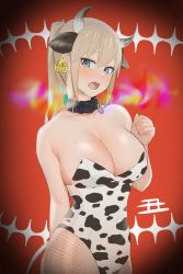 Rule 34 | 1girl, absurdres, animal ears, animal print, bare shoulders, blonde hair, blue eyes, breasts, cleavage, collar, cow ears, cow horns, cow print, ear tag, fishnet legwear, fishnets, highres, horns, leotard, long hair, looking at viewer, nezuko, nontraditional playboy bunny, open mouth, original, playboy bunny, ponytail, solo, teeth