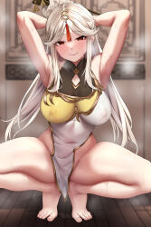 Rule 34 | 1girl, armpits, arms behind head, bare arms, bare legs, bare shoulders, barefoot, blush, breasts, breath, china dress, chinese clothes, covered erect nipples, covered navel, dress, feet, genshin impact, gold trim, hair ornament, hair stick, hairpin, highres, jack dempa, large breasts, legs, long hair, looking at viewer, ningguang (genshin impact), no panties, parted bangs, pelvic curtain, red eyes, smile, solo, spread legs, squatting, steaming body, sweat, tassel, tassel hair ornament, thick thighs, thighs, tiptoes, toenails, toes, wet, white dress, white hair, wooden floor