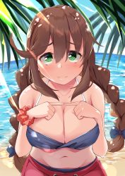 Rule 34 | 1girl, beach, bikini, blue bikini, blue sky, braid, breasts, brown hair, collarbone, day, fingers together, green eyes, highres, index fingers together, kantai collection, komb, large breasts, looking at viewer, navel, noshiro (kancolle), outdoors, red sarong, sarong, sky, solo, swept bangs, swimsuit, twin braids, upper body