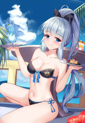 Rule 34 | 1girl, absurdres, alternate costume, ayaka (genshin impact), bare shoulders, bikini, black bikini, blue eyes, blue sky, blunt bangs, blurry, bow, breasts, cleavage, cloud, cloudy sky, cocktail glass, collarbone, commentary request, cup, depth of field, dongyue sakura, drink, drinking glass, drinking straw, dual wielding, fence, food, genshin impact, grey hair, hair bow, hair ribbon, highres, holding, ice, ice cube, long hair, looking at viewer, medium breasts, navel, pancake, parfait, ribbon, side-tie bikini bottom, sidelocks, sky, sleeveless, smile, solo, squatting, stomach, strapless, strapless bikini, swimsuit, table, tray, wooden fence