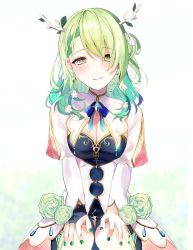 Rule 34 | 1girl, absurdres, antlers, bad id, bad pixiv id, blush, braid, braided bangs, breasts, capelet, ceres fauna, cleavage, curly hair, flower, green flower, green hair, green nails, green rose, hands on own knees, highres, hololive, hololive english, horns, huge filesize, long hair, looking at viewer, medium breasts, mole, mole under eye, nail polish, proton06, rose, single braid, smile, solo, virtual youtuber