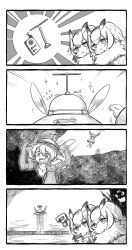 Rule 34 | 4girls, 4koma, ?, bird wings, comic, crying, crying with eyes open, eurasian eagle owl (kemono friends), failure, falling, flying sweatdrops, fur collar, furrowed brow, greyscale, hat, head wings, highres, kaban (kemono friends), kemono friends, monochrome, motion lines, multiple girls, northern white-faced owl (kemono friends), notora, open mouth, owl ears, scared, serval (kemono friends), silent comic, sparkle, sweat, nervous sweating, tears, trembling, wings