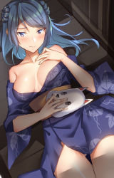 Rule 34 | 1girl, alternate costume, bad id, bad pixiv id, blue eyes, blue hair, blue kimono, blush, breasts, closed mouth, collarbone, double bun, embarrassed, floral print, fox mask, gluteal fold, hand on own chest, highres, japanese clothes, kantai collection, kimono, large breasts, long hair, lying, mask, night, obi, off shoulder, on back, open clothes, open kimono, pallad, sash, shadow, solo, urakaze (kancolle), wide sleeves, yellow sash, yukata