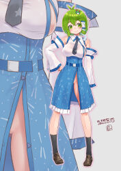 Rule 34 | 1girl, alternate hairstyle, antenna hair, belt, black necktie, black socks, blue belt, blue bow, blue skirt, blush, bow, breasts, brown footwear, closed mouth, collared shirt, commentary request, dated, detached sleeves, frilled skirt, frills, frog hair ornament, full body, green eyes, green hair, grey background, hair ornament, kei jiei, kochiya sanae, large breasts, looking to the side, necktie, no panties, partially visible vulva, print necktie, shirt, shoes, short hair, sidelocks, simple background, single hair tube, skirt, sleeve bow, sleeveless, sleeveless shirt, smile, snake hair ornament, socks, solo, star (symbol), star print, touhou, white shirt, white sleeves, wide sleeves