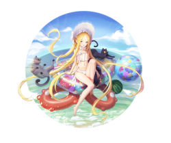 Rule 34 | 1girl, abigail williams (fate), abigail williams (swimsuit foreigner) (fate), animal, ball, barefoot, bikini, blonde hair, blue eyes, blue sky, bonnet, cat, cloud, day, fate/grand order, fate (series), food, frilled bikini, frills, fruit, full body, highres, long hair, looking at viewer, navel, ocean, outdoors, parted bangs, sarena, simple background, sitting, sky, solo, stomach, swimsuit, toes, very long hair, watermelon, white background, white bikini