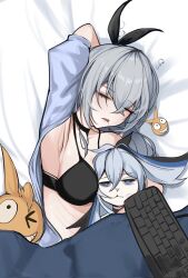 Rule 34 | 2girls, armpits, bags under eyes, bed, between breasts, black bra, blue pajamas, bra, breasts, bronya zaychik, closed mouth, doll, from above, grey hair, hair between eyes, half-closed eyes, highres, homu (honkai impact), honkai (series), honkai impact 3rd, kamishiro noa, keyboard (computer), multiple girls, open mouth, pajamas, project bunny, saliva, sleeping, small breasts, underwear