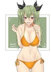 Rule 34 | 10s, 1girl, :d, absurdres, alternate breast size, anchovy (girls und panzer), bare arms, bare legs, bare shoulders, bikini, black ribbon, blush, breasts, collarbone, commentary request, cowboy shot, curvy, dated, drill hair, female focus, girls und panzer, gluteal fold, green hair, hair ribbon, hands up, highres, irukatto, large breasts, legs, long hair, looking at viewer, navel, open mouth, orange bikini, outside border, red eyes, ribbon, side-tie bikini bottom, smile, solo, standing, sweat, swimsuit, tearing up, tears, twin drills, twintails, twitter username, very long hair, wide hips