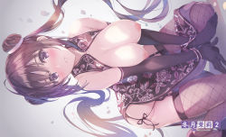 Rule 34 | 1girl, ahoge, arm support, bad id, bad twitter id, bare shoulders, blush, bracelet, breasts, breasts out, brown hair, china dress, chinese clothes, cleavage, collarbone, comic aun, double bun, dress, elbow gloves, falling petals, fishnet thighhighs, fishnets, floral print, garter straps, gloves, gluteal fold, hair between eyes, hair bun, highres, jewelry, kneeling, large breasts, lipstick, long hair, looking at viewer, makeup, misaki kurehito, nipples, on floor, panties, parted lips, pelvic curtain, petals, purple dress, purple eyes, purple gloves, rotated, second-party source, shadow, side-tie panties, side slit, solo, swept bangs, thighhighs, tougetsu matsuri, twintails, underwear, very long hair