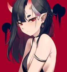 Rule 34 | 1girl, absurdres, bare shoulders, black choker, black dress, black hair, blush, breasts, choker, cleavage, closed mouth, dress, ear piercing, earrings, highres, horns, jewelry, long hair, looking at viewer, medium breasts, mole, mole on breast, mole under eye, multicolored hair, original, piercing, pointy ears, red eyes, skin-covered horns, sleeveless, sleeveless dress, solo, two-tone background, two-tone hair, upper body, wakamepiza, white hair
