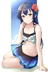 Rule 34 | 1girl, arm support, bikini, bikini skirt, blue hair, blush, commentary request, flower, frilled bikini, frilled skirt, frilled swimsuit, frills, hair between eyes, hair flower, hair ornament, hand on own cheek, hand on own face, highres, long hair, looking at viewer, love live!, love live! school idol festival, love live! school idol project, morugen, simple background, sitting, skirt, smile, solo, sonoda umi, swimsuit, yellow eyes