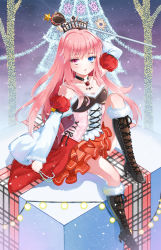 Rule 34 | 1girl, blue eyes, blush, boots, box, candy, candy cane, christmas, christmas lights, christmas tree, corset, crown, detached sleeves, flower, food, frilled skirt, frills, fur trim, gift, gift box, heterochromia, jewelry, knee boots, leecheie, lights, long hair, looking at viewer, necklace, night, night sky, on box, pink hair, red eyes, rose, scepter, sitting, sitting on box, sitting on object, skirt, sky, solo, star (sky), starry sky, sword girls, vinho flina