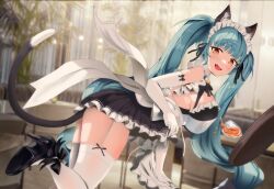 1girl absurdres animal_ears blue_hair cat_ears goddess_of_victory:_nikke hair_ornament highres looking_at_viewer maid_headdress mang_0019 privaty_(nikke) privaty_(unkind_maid)_(nikke) smile spilling yellow_eyes