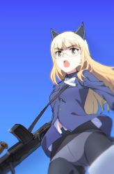 Rule 34 | 1girl, animal ears, blonde hair, bren lmg, cat ears, cat tail, chromatic aberration, glasses, gun, highres, light machine gun, long hair, military, military uniform, monsterx, no pants, open mouth, panties, panties under pantyhose, pantyhose, perrine h. clostermann, solo, strike witches, tail, underwear, uniform, weapon, weapon request, white panties, world witches series, yellow eyes
