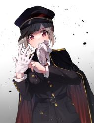 Rule 34 | 1girl, badge, beeftanizoko, belt, brown hair, glove in mouth, gloves, gradient background, hat, highres, idolmaster, idolmaster shiny colors, looking at viewer, military, military hat, military uniform, mouth hold, purple eyes, shirt, solo, tsukioka kogane, uniform, white gloves, white shirt