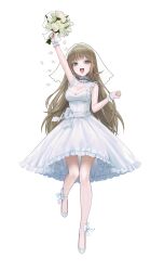 Rule 34 | 1girl, :d, absurdres, alternate costume, ankle ribbon, arm up, blue eyes, blunt bangs, bouquet, breasts, bridal veil, brown hair, cattleya regina games, cleavage, commentary request, dress, flower, frilled dress, frills, full body, hanabusa lisa, highres, holding, holding bouquet, knees together feet apart, large breasts, leg ribbon, leg up, long hair, looking at viewer, open mouth, petals, ribbon, rose, scrunchie, simple background, sleeveless, sleeveless dress, smile, solo, standing, standing on one leg, teeth, tiara, upper teeth only, ur-8, veil, virtual youtuber, vspo!, wedding dress, white background, white dress, white flower, white footwear, white ribbon, white rose, white scrunchie, wrist scrunchie