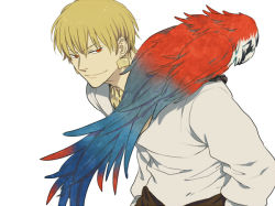 Rule 34 | 1boy, animal, animal on shoulder, bird, bird on shoulder, blonde hair, casual, earrings, fate/zero, fate (series), gilgamesh (fate), jewelry, male focus, nano (veek), official alternate costume, parrot, red eyes, solo