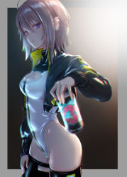 Rule 34 | 1girl, ahoge, border, breasts, can, character request, cleavage, cleavage cutout, clothing cutout, copyright request, cropped jacket, ear piercing, from side, gradient background, grey border, grey hair, hair between eyes, hand on own thigh, heattech leotard, highres, leotard, looking at viewer, motsunukisuki, multiple piercings, outside border, piercing, purple eyes, solo, thighhighs, thighs, turtleneck