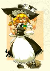 Rule 34 | 1girl, :p, \n/, apron, blonde hair, bow, braid, broom, buttons, female focus, hair bow, hair ribbon, hand on headwear, hat, kirisame marisa, mamorunokoto, mary janes, ribbon, shoes, single braid, solo, tongue, tongue out, touhou, waist apron, witch, witch hat, yellow eyes, zoom layer