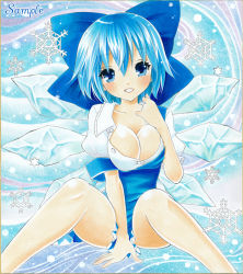 Rule 34 | 1girl, ayuayu (chisuke ayu), bad id, bad pixiv id, blue eyes, blue hair, bow, breasts, bursting breasts, cirno, cleavage, embodiment of scarlet devil, female focus, framed breasts, hair bow, ice, large breasts, marker (medium), matching hair/eyes, sample watermark, short hair, snowflakes, solo, spread legs, strap slip, touhou, traditional media, watermark, wings