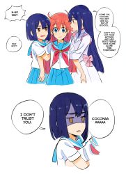Rule 34 | 3girls, ahoge, ange (angeban93), blue eyes, blue hair, blue skirt, bow, brown eyes, buttons, closed mouth, collared dress, comic, dot nose, dress, english text, eyebrows, flip flappers, frilled dress, frills, hair between eyes, highres, kokomine cocona, long hair, mimi (flip flappers), multiple girls, neck ribbon, open mouth, papika (flip flappers), pink bow, pleated skirt, red hair, red ribbon, ribbon, sailor collar, school uniform, shirt, short hair, skirt, spoilers, standing, straight hair, sweat, tagme, very long hair, white dress, white shirt, yuri