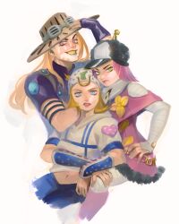 Rule 34 | 1girl, 2boys, arm on another&#039;s shoulder, arm rest, belt, blue lips, blue pants, cowboy shot, cropped legs, eyelashes, goggles, goggles on headwear, grin, gyro zeppeli, hand on own hip, hat, highres, horseshoe ornament, hot pants (sbr), jacket, johnny joestar, jojo no kimyou na bouken, looking at viewer, making-of available, midriff, multiple boys, navel, pants, pink hair, pink jacket, purple eyes, short hair, smile, steel ball run, tongue, tongue out, ukata, white background, yellow teeth