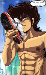 Rule 34 | absurdres, bara, brown eyes, brown hair, highres, lseraphim, lucifer seraphim, male chest, male focus, male nipples, male pubic hair, muscular, muscular arms, muscular male, pectorals, pegasus seiya, pubic hair, saint seiya, shoes, sneakers, sneakers fetish, sniffing sneakers, yaoi