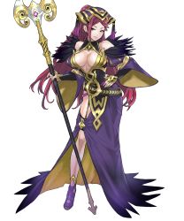 Rule 34 | 1girl, braid, breasts, cleavage, fire emblem, fire emblem heroes, full body, garter straps, hand on own hip, highres, large breasts, loki (fire emblem), long hair, nintendo, official art, solo, staff, standing, transparent background