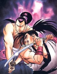 Rule 34 | black hair, fighting, haoumaru, katana, kibagami genjuro, long hair, male focus, official art, samurai spirits, snk, sword, weapon