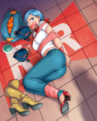 Rule 34 | 1girl, abduction, absurdres, ass, barefoot, bdsm, belly, blue eyes, blue hair, bondage, bound, bound ankles, bound wrists, breasts, bulma, cleavage, denim, dragon ball, dragon ball (object), dragon ball super, dragon radar, earrings, feet, gag, gagged, high heels, highres, improvised gag, jeans, jewelry, kidnapped, lipstick, lost one zero, makeup, navel, pants, shadow, shirt, shoes, unworn shoes, tape, tape bondage, tape gag, toes, white shirt