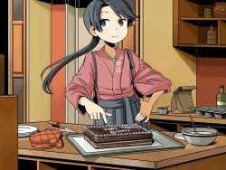 Rule 34 | 1girl, anchor symbol, bag, birthday cake, black eyes, black hair, bottle, bowl, cake, commentary, counter, cupboard, english commentary, floral print, food, hakama, hakama short skirt, hakama skirt, hand on own hip, houshou (kancolle), japanese clothes, jar, kantai collection, mittens, mixing bowl, paper bag, pointing, ponytail, sixten, skirt, solo