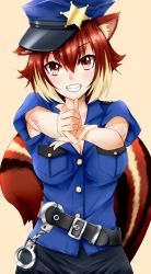 Rule 34 | animal ears, belt, blazblue, blush, breasts, brown hair, chukachuka, cleavage, cuffs, grin, handcuffs, highres, large breasts, looking at viewer, makoto nanaya, multicolored hair, orange eyes, pointing, pointing at viewer, police, police uniform, short hair, simple background, skirt, smile, solo, squirrel ears, squirrel tail, tail, two-tone hair, uniform