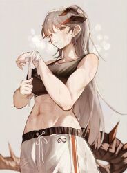 Rule 34 | 1girl, abs, absurdres, applying bandages, arknights, bandages, biceps, black tank top, breasts, commentary, donata (donatasama), dragon girl, dragon horns, dragon tail, english commentary, from below, grey background, grey hair, highres, horns, large breasts, long hair, looking at viewer, midriff, muscular, muscular female, navel, pants, rhine lab logo, saria (arknights), signature, simple background, solo, sportswear, steam, steaming body, sweat, tail, tank top, white pants, yellow eyes
