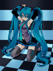 Rule 34 | 1girl, absurdres, aqua eyes, aqua hair, armpits, arms up, black thighhighs, checkered floor, colorized, detached sleeves, floor, ginta, hatsune miku, highres, kneeling, long hair, navel, necktie, perspective, raiyume (891311), seiza, sitting, skindentation, solo, thighhighs, twintails, very long hair, vocaloid, zettai ryouiki