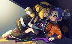 Rule 34 | 2girls, black headband, black jacket, black leggings, blaster (splatoon), blonde hair, blue hair, blue tongue, blunt bangs, colored tongue, commentary, green eyes, hair ornament, hairpin, headband, highres, inkling, inkling girl, inkling player character, jacket, kneeling, leaning forward, leggings, light particles, logo, long sleeves, looking at another, lying, multiple girls, nintendo, nou (nounknown), octoling, octoling girl, octoling player character, on back, open mouth, orange jacket, paint splatter, parted lips, pointy ears, red eyes, red footwear, scope, shoes, short hair, single vertical stripe, smirk, sneakers, splat charger (splatoon), splatoon (series), splatoon 2, suction cups, sunlight, tearing up, trapped, twitter username, yellow tongue
