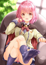 Rule 34 | 1girl, :d, armchair, blush, braid, brown cape, brown eyes, brown jacket, cape, chair, collared shirt, commentary request, crossed legs, hair between eyes, highres, hoshizaki akari, indoors, jacket, long sleeves, no shoes, on chair, ongeki, open mouth, panties, pink hair, pink panties, pleated skirt, purple skirt, purple socks, red cape, shirt, sitting, skirt, smile, socks, soles, solo, underwear, v-shaped eyebrows, white shirt, window, xenon (for achieve)