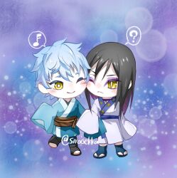 Rule 34 | ?, aged down, black hair, blue hair, blush, boruto: naruto next generations, cheek-to-cheek, chibi, eyeliner, eyes visible through hair, family, father and son, frown, furrowed brow, graident background, heads together, holding hands, japanese clothes, kimono, long hair, long sleeves, looking at another, makeup, mitsuki (naruto), musical note, naruto (series), one eye closed, orochimaru (naruto), pale skin, rosy cheeks, short hair, siroisekka, slit pupils, smile, spiked hair, spoken musical note, spoken question mark, time paradox, wink, yellow eyes