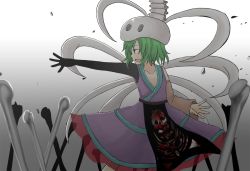 Rule 34 | androgynous, bone, detached sleeves, ex-sese, gender request, green eyes, green hair, hair ornament, japanese clothes, kitsugai sese, len&#039;en, matching hair/eyes, open mouth, outstretched arm, outstretched arms, short hair, skull hair ornament, smile, solo, ximsol182