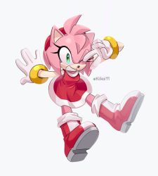 Rule 34 | 1girl, amy rose, animal nose, boots, commentary, dress, english commentary, furry, furry female, green eyes, grin, hairband, hedgehog girl, highres, kiikoi11, one eye closed, pink fur, red dress, red footwear, red hairband, simple background, smile, solo, sonic (series), twitter username, v, white background