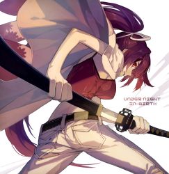 Rule 34 | 1girl, butt crack, copyright name, drawing sword, hair ribbon, holding, holding sword, holding weapon, katana, left-handed, long hair, looking back, midriff, pants, ponytail, red eyes, red hair, ribbon, robe, sheath, solo, suzunashi, sword, tank top, under night in-birth, unsheathing, very long hair, weapon, white background, white pants, yuzuriha (under night in-birth)