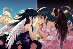 Rule 34 | 10s, 2girls, :d, angel wings, bare shoulders, blue hair, contrast, dress, eye contact, female focus, holding hands, highres, kobayashi aika, kohaku (ambermoe), long hair, looking at another, love live!, love live! sunshine!!, multiple girls, open mouth, purple eyes, voice actor, voice actor connection, smile, tsushima yoshiko, wings, yuri
