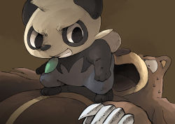Rule 34 | 1boy, animal ears, animal feet, animal hands, black eyes, black fur, blue fur, body fur, brown background, brown theme, claws, constricted pupils, creatures (company), game freak, gen 2 pokemon, gen 6 pokemon, gerigoo, grin, hand up, happy, highres, leaf, looking at another, looking back, male focus, mouth hold, multicolored fur, nervous, nintendo, open mouth, pancham, panda boy, panda ears, panda tail, pokemon, pokemon (creature), scared, simple background, smile, squatting, standing on person, sweat, teeth, ursaring, v-shaped eyebrows, white fur