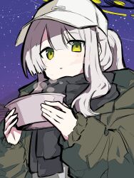 Rule 34 | 1girl, baseball cap, black scarf, blue archive, blush, bowl, commentary request, green eyes, green halo, green jacket, grey hair, halo, hare (blue archive), hare (camp) (blue archive), hat, highres, holding, holding bowl, jacket, night, parted lips, scarf, solo, upper body, user rghg2872, white hat