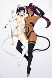 Rule 34 | 2girls, animal ear fluff, animal ears, armpits, bare shoulders, black choker, black hair, black thighhighs, black vs white, bleach, blush, breast press, breasts, cat ears, cat tail, choker, cleavage, collarbone, cosplay, dark-skinned female, dark skin, detached sleeves, embarrassed, fake animal ears, felicia (vampire) (cosplay), female focus, full body, grey background, hairband, highres, large breasts, lindaroze, long hair, looking at viewer, low twintails, lying, multiple girls, navel, on back, parted lips, ponytail, purple hair, revealing clothes, shihouin yoruichi, simple background, small breasts, smile, spread legs, sui-feng, tail, thigh strap, thighhighs, toeless legwear, toes, twintails, twitter username, underboob, watermark, web address, white choker, white thighhighs, yellow eyes
