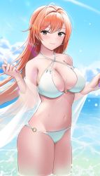 Rule 34 | 1girl, absurdres, ahoge, arisugawa natsuha, bare shoulders, bikini, breasts, brown eyes, cleavage, criss-cross halter, day, earrings, groin, halterneck, highres, idolmaster, idolmaster shiny colors, jewelry, large breasts, long hair, looking at viewer, multi-strapped bikini, navel, o-ring, o-ring bikini, off shoulder, orange hair, outdoors, see-through, smile, solo, standing, stomach, swimsuit, swimsuit cover-up, thighs, tio (005), wading, water, wet, white bikini
