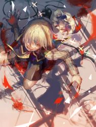 Rule 34 | 1boy, 1girl, bad id, bad pixiv id, blonde hair, blood, blood on face, blood on hands, broken, broken weapon, capelet, colored eyelashes, commentary request, fang, fingernails, flandre scarlet, from above, genderswap, genderswap (ftm), hair over one eye, hat, highres, laevatein, long sleeves, looking at viewer, mob cap, muin, open mouth, red eyes, remilia scarlet, shadow, sharp fingernails, shirt, short hair, shorts, striped clothes, striped shirt, tears, teeth, tile floor, tiles, touhou, unworn hat, unworn headwear, weapon, wings