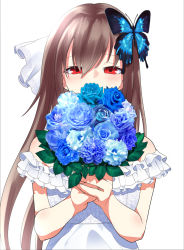 Rule 34 | 1girl, alternate costume, bare shoulders, bouquet, brown hair, butterfly hair ornament, dress, flower, hagi (oshiro project), hair ornament, holding, holding bouquet, long hair, looking at viewer, oshiro project:re, oshiro project:re, red eyes, ricochet-gou, rose, simple background, solo, upper body, wedding, wedding dress, white background, white dress