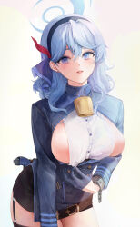 Rule 34 | 1girl, absurdres, ako (blue archive), bell, black gloves, blue archive, blue eyes, blue hair, blue hairband, blush, breasts, collar, earrings, garter straps, gloves, hair between eyes, hairband, half gloves, halo, highres, jewelry, large breasts, long hair, long sleeves, looking at viewer, neck bell, red ribbon, ribbon, sideboob, simple background, skirt, solo, stud earrings, tanna, thighhighs