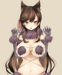 Rule 34 | 1girl, :o, animal ears, atago (azur lane), azur lane, black hair, breasts, brown eyes, chestnut mouth, claws, cosplay, elbow gloves, fate/grand order, fate (series), gloves, highres, large breasts, long hair, looking at viewer, mash kyrielight, mash kyrielight (dangerous beast), mash kyrielight (dangerous beast) (cosplay), narue, navel, o-ring, o-ring top, official alternate costume, solo, swept bangs, upper body, wolf ears
