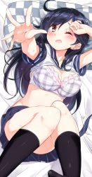 Rule 34 | 10s, 1girl, ;o, ahoge, arm up, bed sheet, black hair, black socks, blue skirt, blush, bra, breasts, cleavage, clothes lift, collarbone, convenient censoring, convenient leg, eyebrows, foreshortening, hamaken. (novelize), jpeg artifacts, kantai collection, kneehighs, knees together feet apart, large breasts, legs up, long hair, looking at viewer, lying, medium breasts, miniskirt, on back, on bed, one eye closed, open mouth, outstretched arm, outstretched hand, palms, pillow, pink ribbon, plaid, plaid bra, pleated skirt, red eyes, ribbon, school uniform, serafuku, shirt, shirt lift, short sleeves, skirt, socks, solo, spread fingers, swept bangs, underwear, ushio (kancolle), very long hair, white shirt