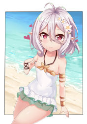 Rule 34 | 1girl, antenna hair, bare shoulders, beach, bin1998, blush, breasts, casual one-piece swimsuit, closed mouth, collarbone, commentary request, covered navel, day, flower, frilled swimsuit, frills, grey hair, hair between eyes, hair flower, hair ornament, hand up, heart, highres, kokkoro (princess connect!), kokkoro (summer) (princess connect!), looking at viewer, ocean, one-piece swimsuit, outdoors, pointy ears, princess connect!, red eyes, sand, see-through, small breasts, smile, solo, split mouth, swimsuit, water, white flower, white one-piece swimsuit
